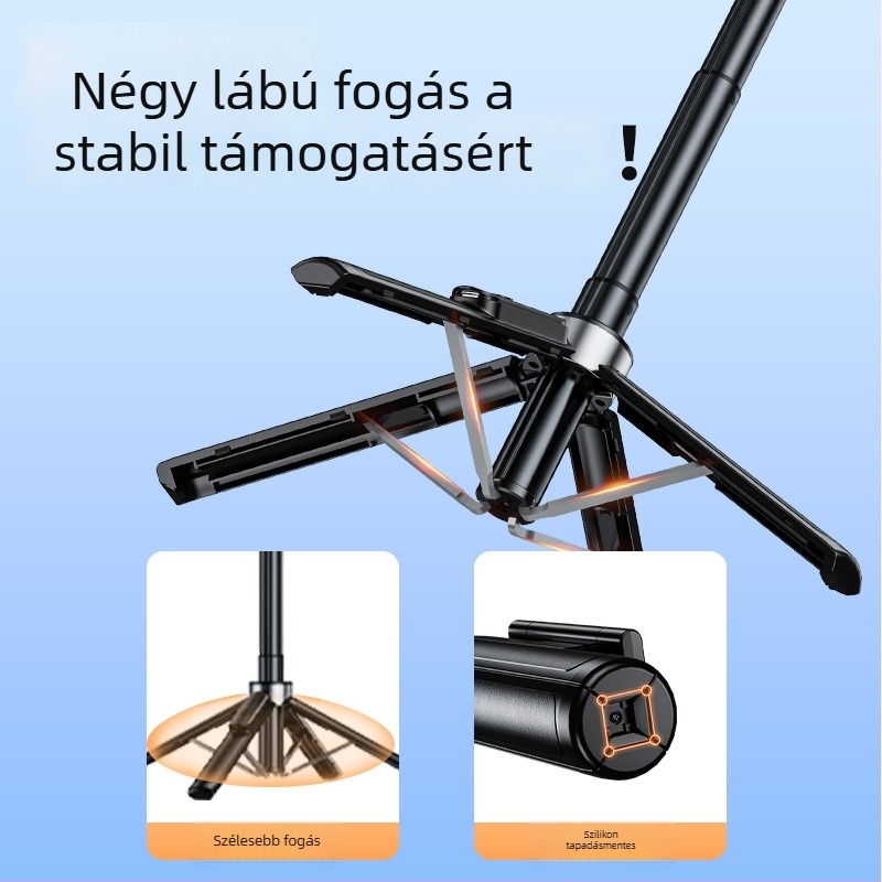 Hordozható mini Bluetooth Selfie bot padlóra álló Tripod-tal – alumínium test, távirányító, képstabilizáció és világítás