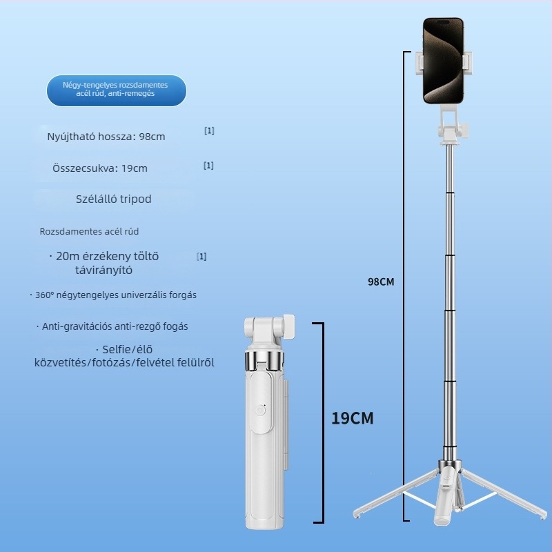 Hordozható mini Bluetooth Selfie bot padlóra álló Tripod-tal – alumínium test, távirányító, képstabilizáció és világítás