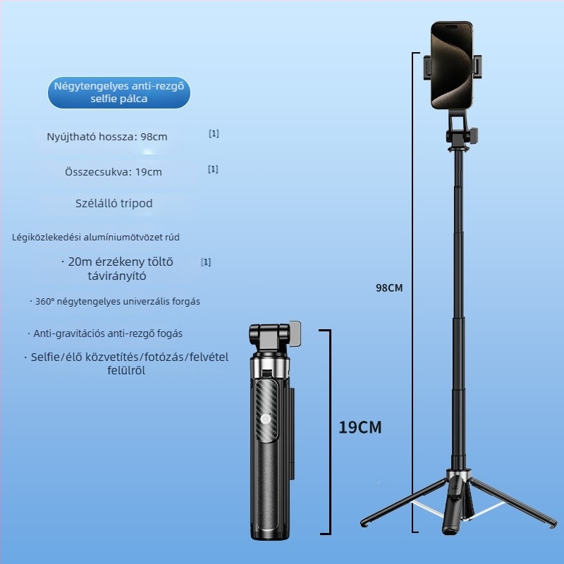 Hordozható mini Bluetooth Selfie bot padlóra álló Tripod-tal – alumínium test, távirányító, képstabilizáció és világítás