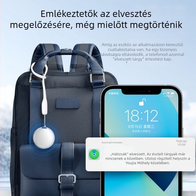 Nyomkövető, intelligens anti-vesztés eszköz, kulcstartó gépjármű-ellopás elleni védelemmel, gyermekeknek, időseknek és háziállatoknak