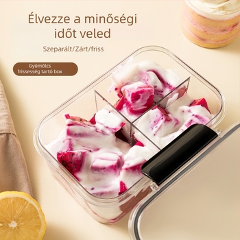 Négyzet alakú élelmiszertároló tartály rekeszekkel, PET-Szilikon anyag, 1-2 L kapacitás, testreszabható gyártás, mikrohullámú sütő nem alkalmas