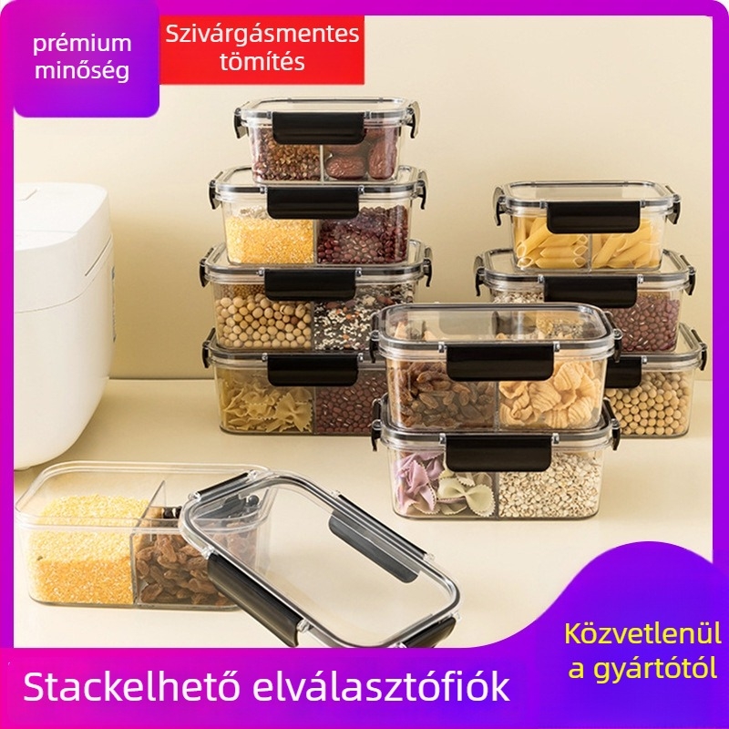 Négyzet alakú élelmiszertároló tartály rekeszekkel, PET-Szilikon anyag, 1-2 L kapacitás, testreszabható gyártás, mikrohullámú sütő nem alkalmas
