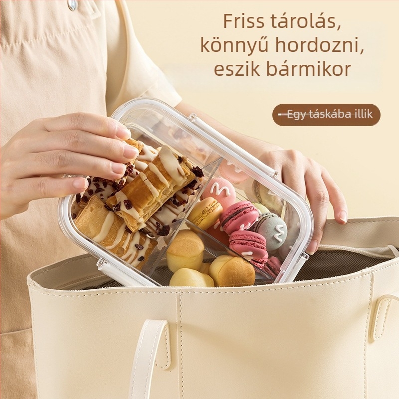 Négyzet alakú élelmiszertároló tartály rekeszekkel, PET-Szilikon anyag, 1-2 L kapacitás, testreszabható gyártás, mikrohullámú sütő nem alkalmas