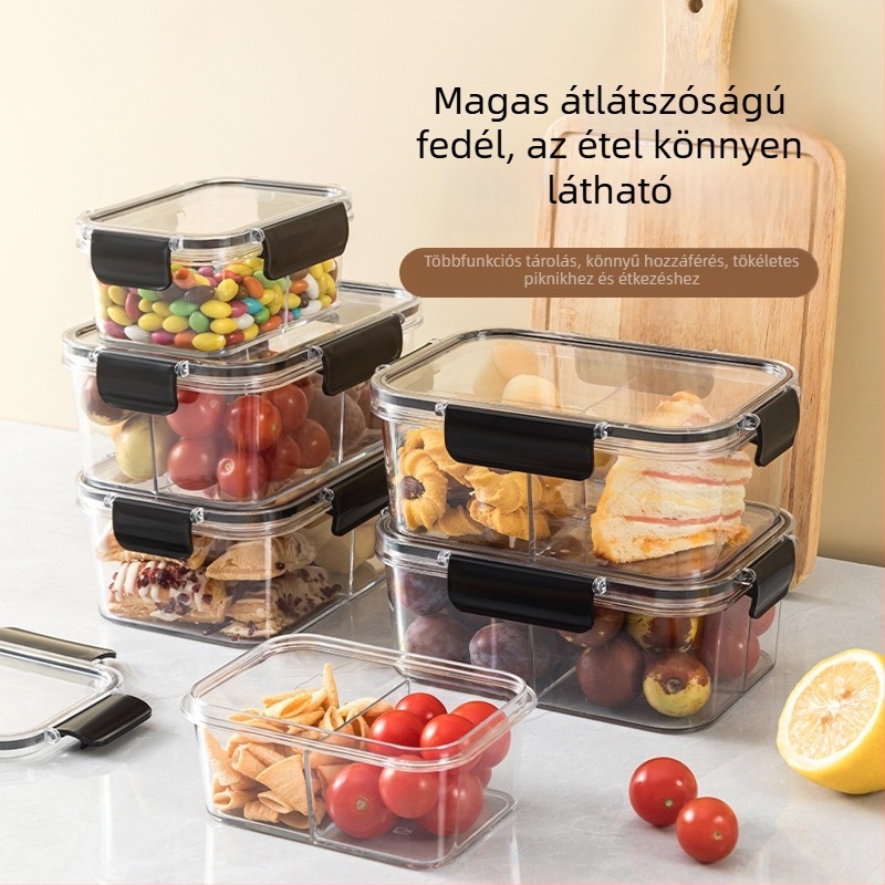 Négyzet alakú élelmiszertároló tartály rekeszekkel, PET-Szilikon anyag, 1-2 L kapacitás, testreszabható gyártás, mikrohullámú sütő nem alkalmas
