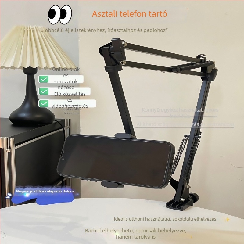 Éjjeliszekrényre szerelhető tartó telefonhoz és tabletához, állítható, fúrás nélküli szerelés, fém + ABS
