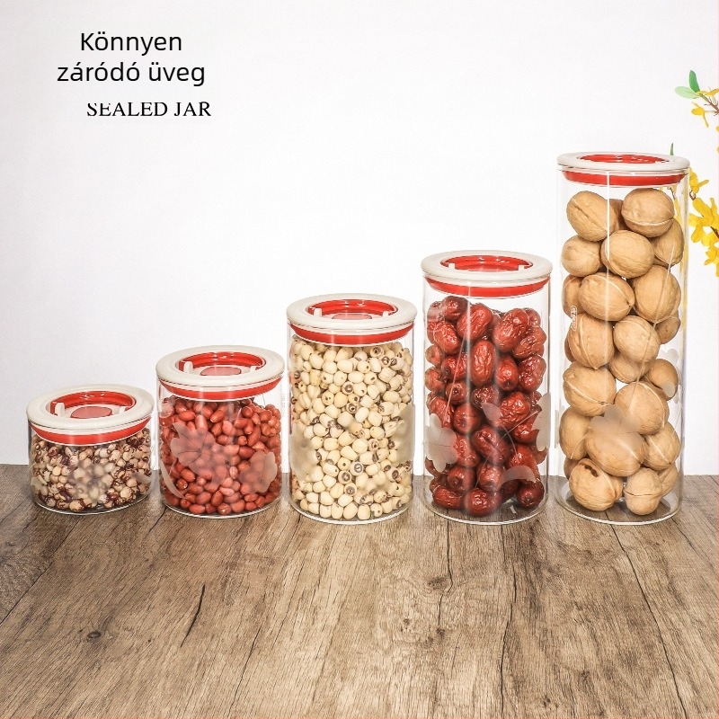 Élelmiszer-minőségű üveg konyhai tárolóedények, légmentesen záródó, kerek alakú, 800–1000 ml kapacitás, mikrózható