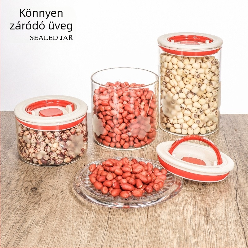 Élelmiszer-minőségű üveg konyhai tárolóedények, légmentesen záródó, kerek alakú, 800–1000 ml kapacitás, mikrózható