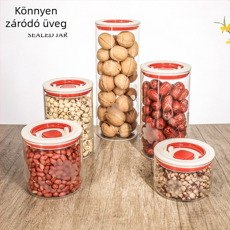 Élelmiszer-minőségű üveg konyhai tárolóedények, légmentesen záródó, kerek alakú, 800–1000 ml kapacitás, mikrózható
