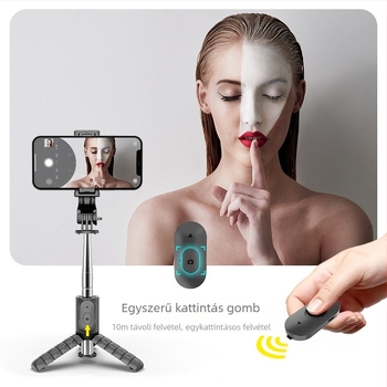 Bluetooth távirányítós mini selfie pálca, állvány egyben, alumínium ötvözet, modell Q10
