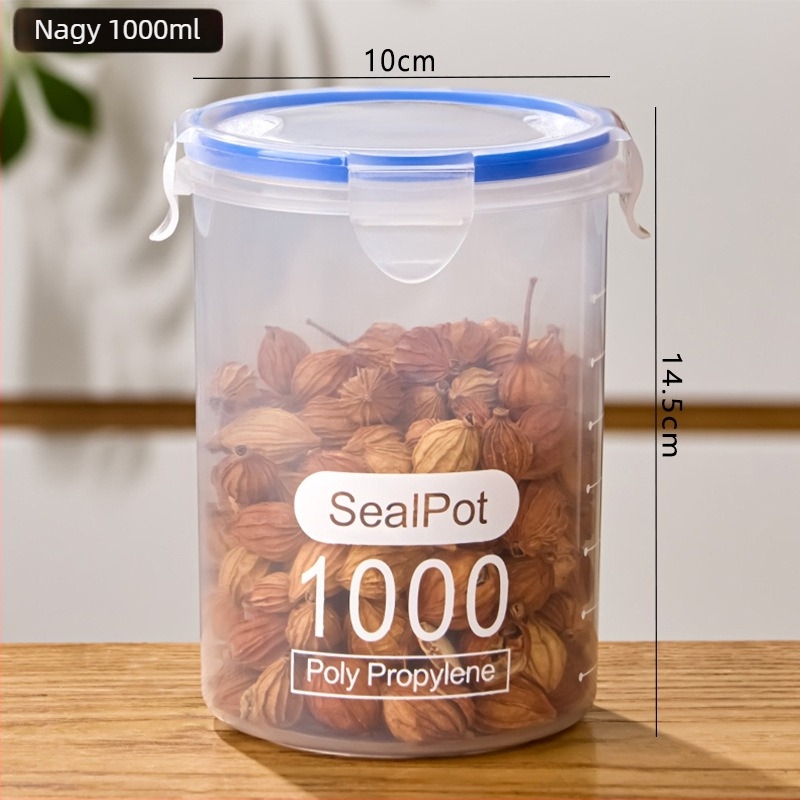 Konyhai fűszertároló doboz, műanyag, kerek formájú, 1-2 L kapacitás, modern minimál stílus