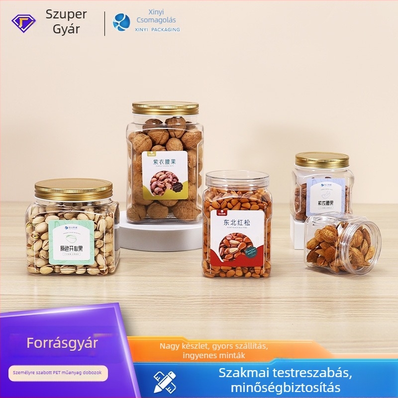 PET műanyag tartály diófélék és aszalt gyümölcsök számára, modell 950, fedél fém kristály
