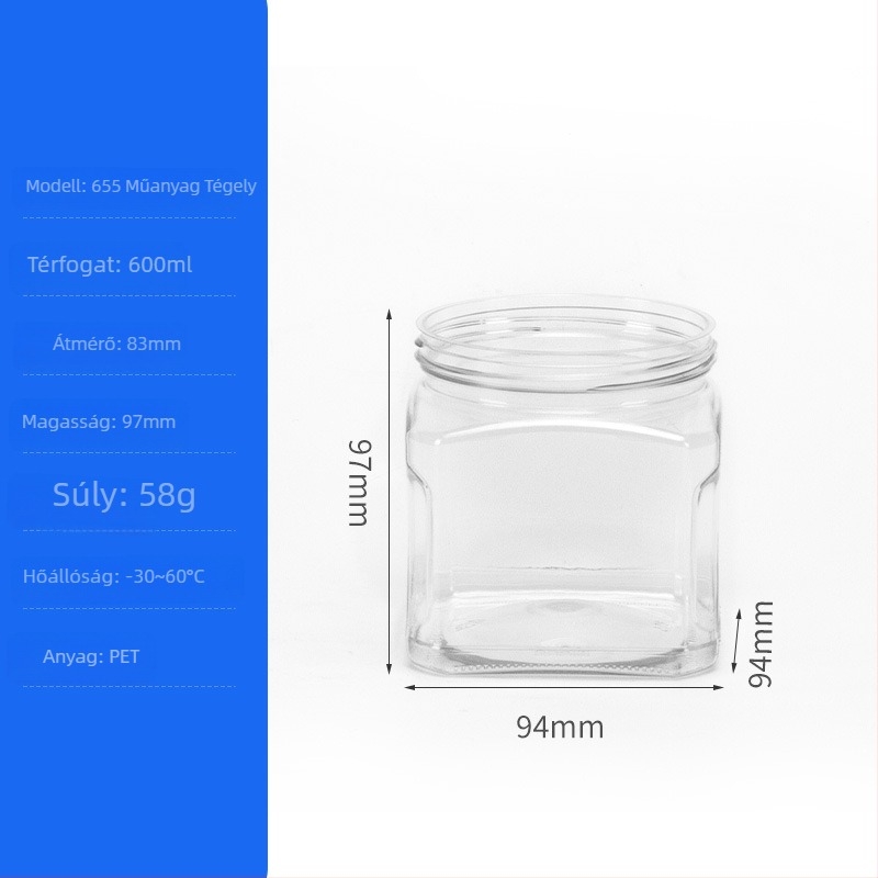 PET műanyag tartály diófélék és aszalt gyümölcsök számára, modell 950, fedél fém kristály