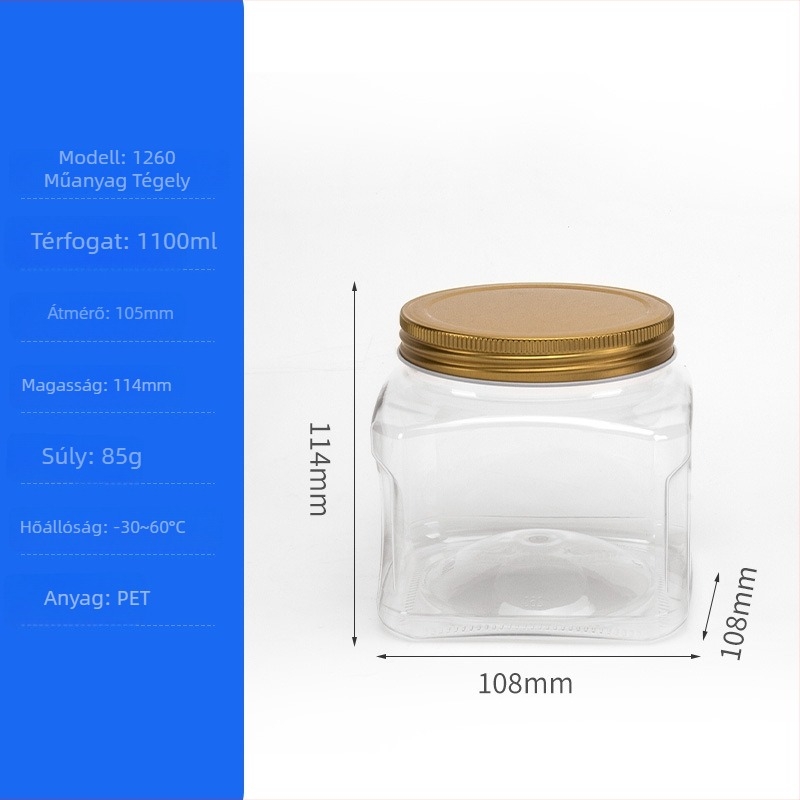 PET műanyag tartály diófélék és aszalt gyümölcsök számára, modell 950, fedél fém kristály
