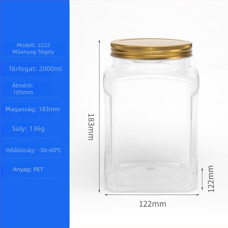 PET műanyag tartály diófélék és aszalt gyümölcsök számára, modell 950, fedél fém kristály