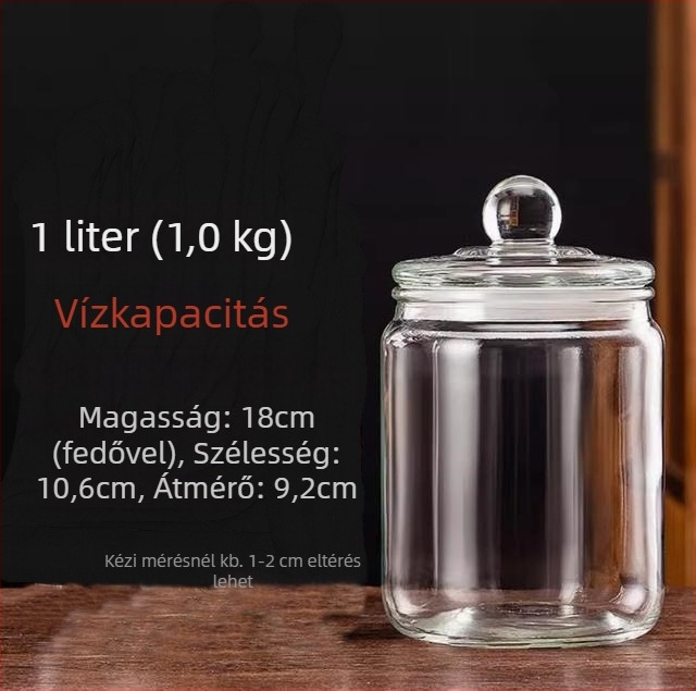 Üvegből készült zárható tárolóedény élelmiszer-minőségű, nedvességálló, kör alakú, mikrohullámú sütőben használható, tea levelek, gabonafélék, méz és szárított mandarinhéj számára