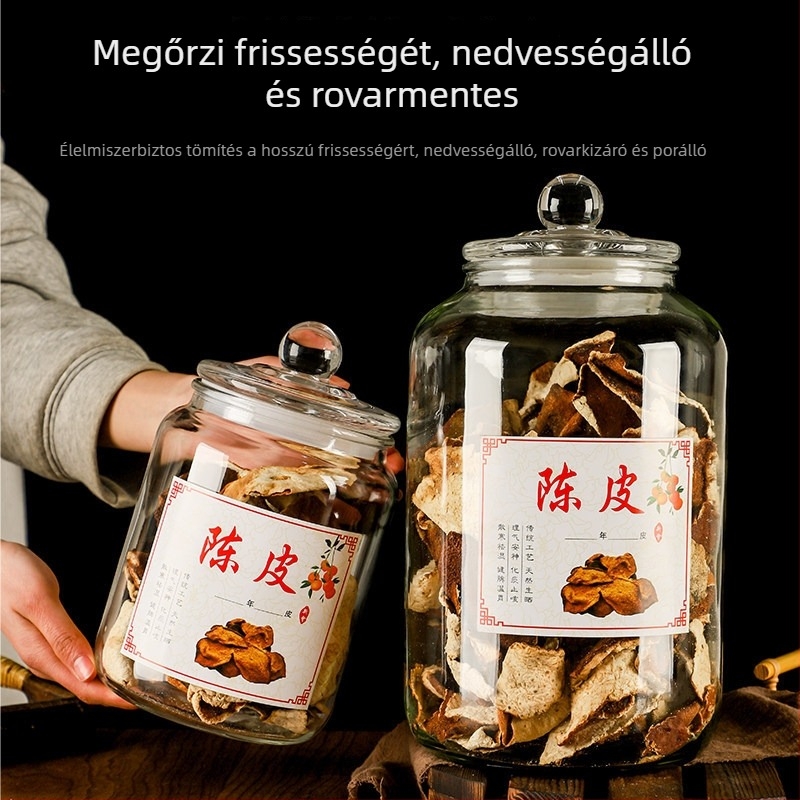 Üvegből készült zárható tárolóedény élelmiszer-minőségű, nedvességálló, kör alakú, mikrohullámú sütőben használható, tea levelek, gabonafélék, méz és szárított mandarinhéj számára