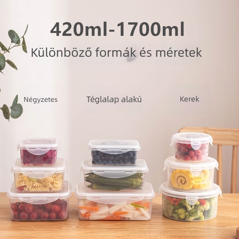 Téglalap alakú műanyag élelmiszertároló készlet, kapacitás 1–2 L, mikrohullámú sütőben használható, egyrétegű