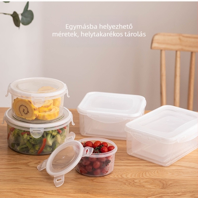 Téglalap alakú műanyag élelmiszertároló készlet, kapacitás 1–2 L, mikrohullámú sütőben használható, egyrétegű