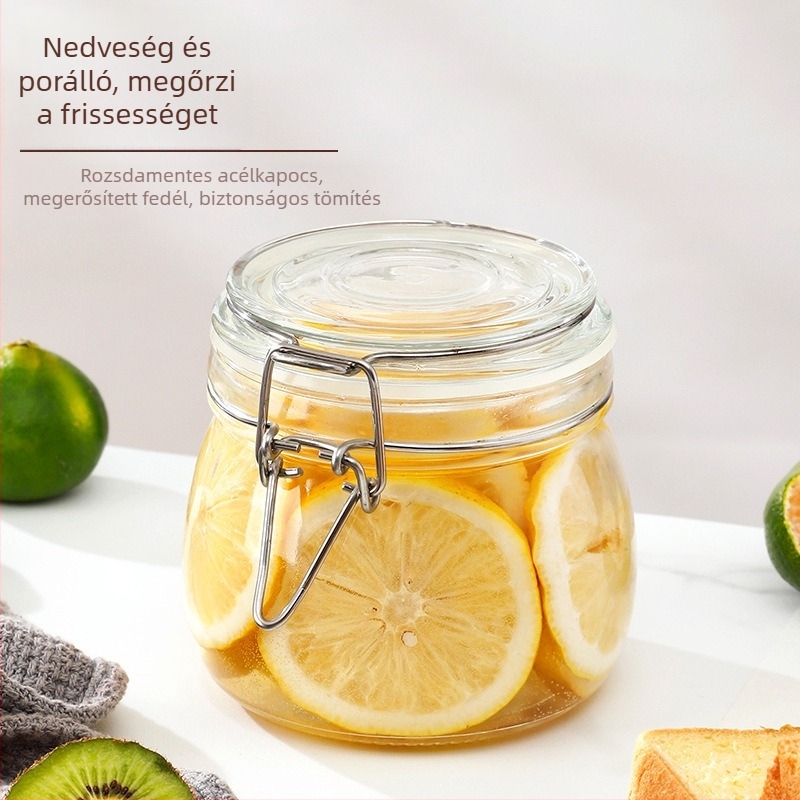 Üveges tárolóedény csattos fedővel, élelmiszer-minőségű, átlátszó, kerek, 800–1000 ml, nyomtatott logó