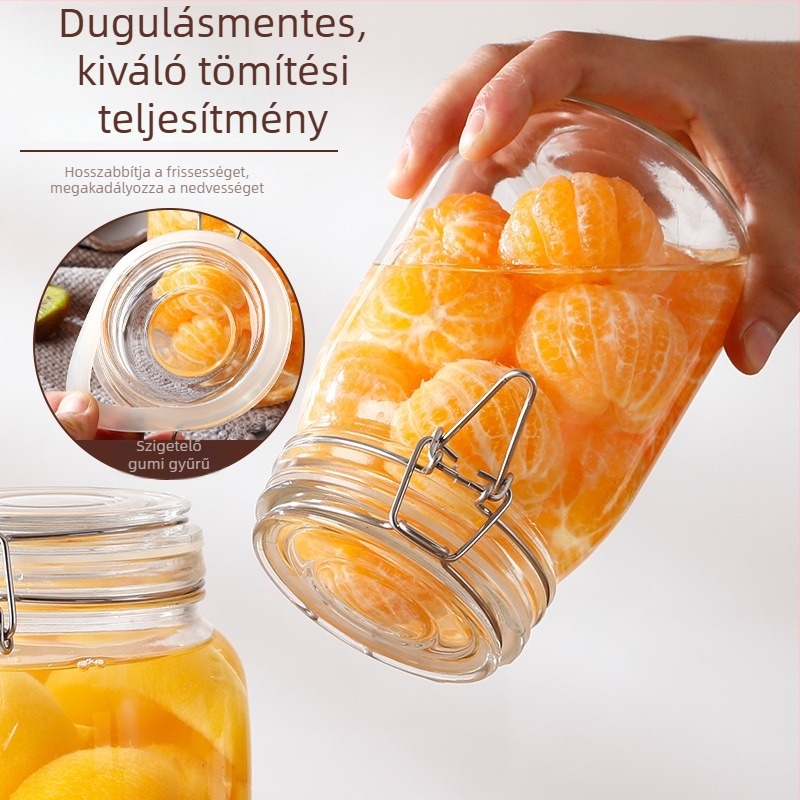 Üveges tárolóedény csattos fedővel, élelmiszer-minőségű, átlátszó, kerek, 800–1000 ml, nyomtatott logó