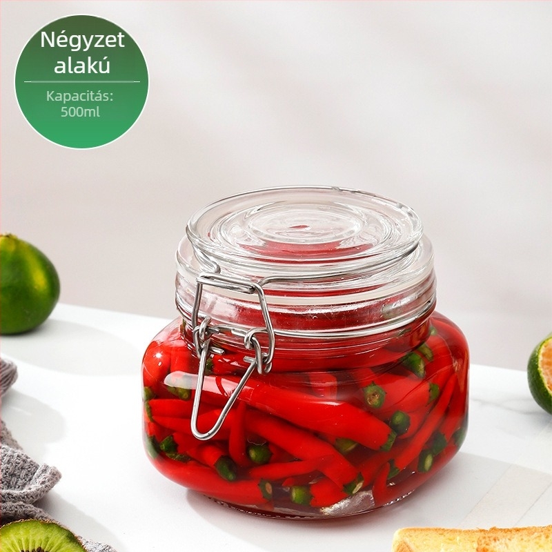 Üveges tárolóedény csattos fedővel, élelmiszer-minőségű, átlátszó, kerek, 800–1000 ml, nyomtatott logó