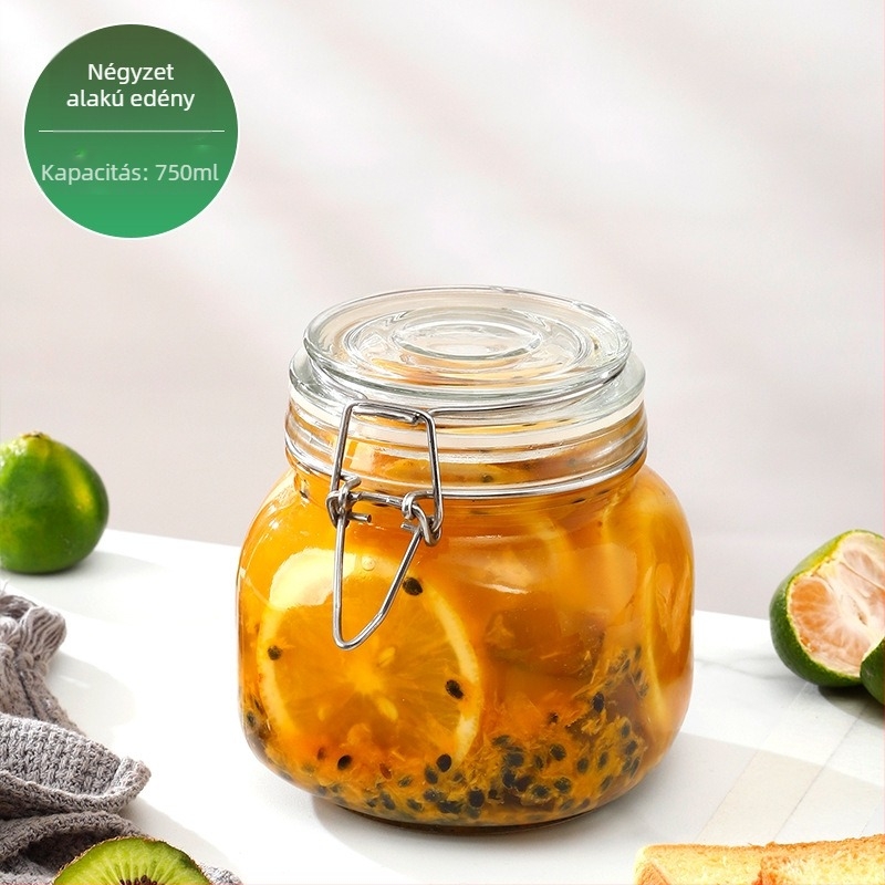 Üveges tárolóedény csattos fedővel, élelmiszer-minőségű, átlátszó, kerek, 800–1000 ml, nyomtatott logó