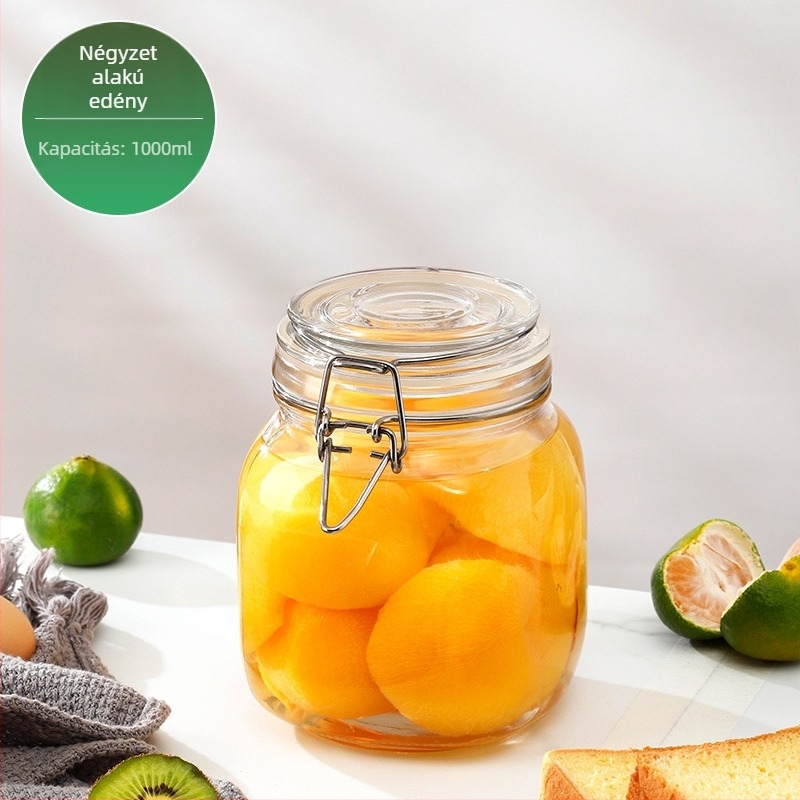 Üveges tárolóedény csattos fedővel, élelmiszer-minőségű, átlátszó, kerek, 800–1000 ml, nyomtatott logó