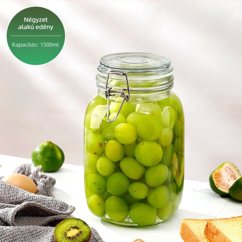 Üveges tárolóedény csattos fedővel, élelmiszer-minőségű, átlátszó, kerek, 800–1000 ml, nyomtatott logó