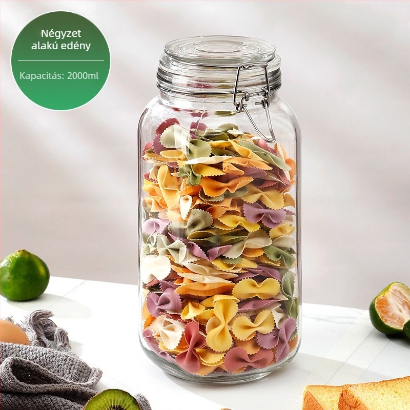 Üveges tárolóedény csattos fedővel, élelmiszer-minőségű, átlátszó, kerek, 800–1000 ml, nyomtatott logó