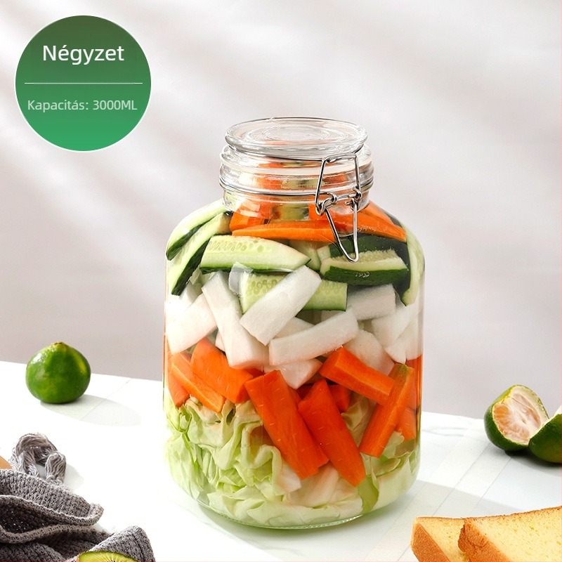 Üveges tárolóedény csattos fedővel, élelmiszer-minőségű, átlátszó, kerek, 800–1000 ml, nyomtatott logó