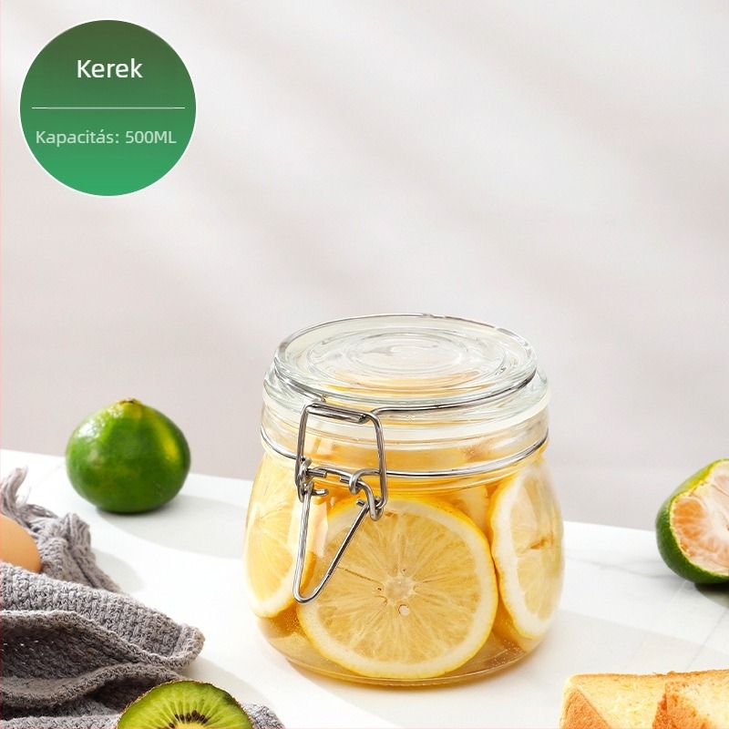 Üveges tárolóedény csattos fedővel, élelmiszer-minőségű, átlátszó, kerek, 800–1000 ml, nyomtatott logó