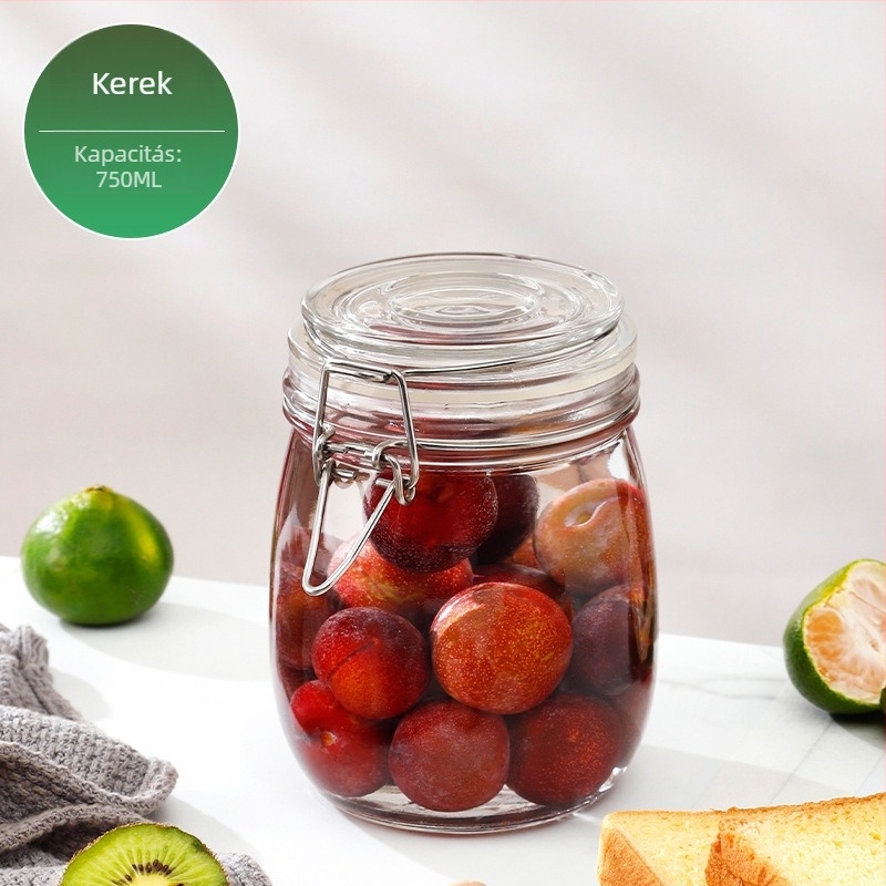 Üveges tárolóedény csattos fedővel, élelmiszer-minőségű, átlátszó, kerek, 800–1000 ml, nyomtatott logó