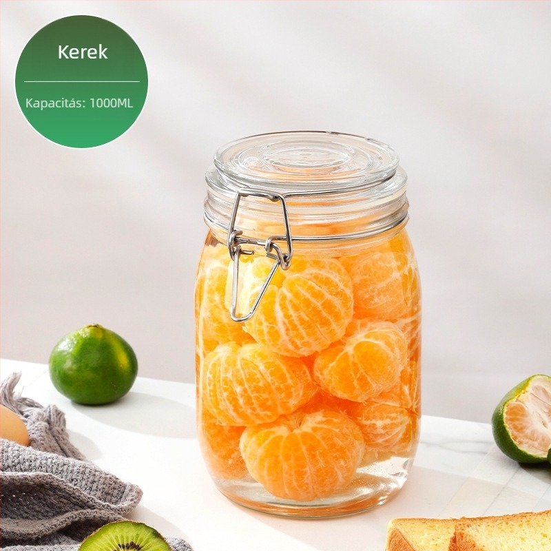 Üveges tárolóedény csattos fedővel, élelmiszer-minőségű, átlátszó, kerek, 800–1000 ml, nyomtatott logó