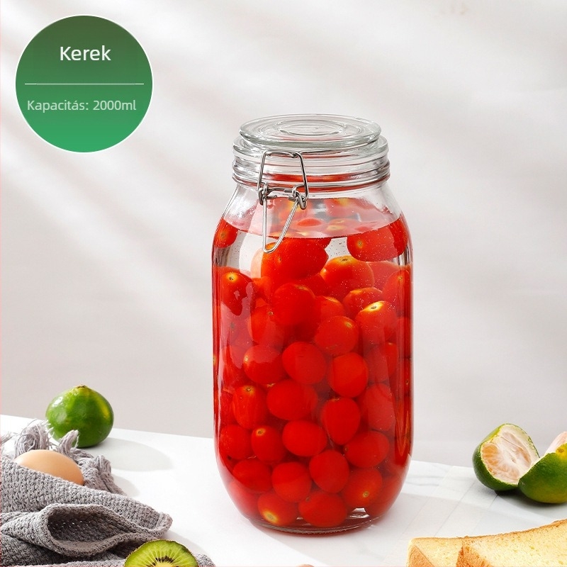 Üveges tárolóedény csattos fedővel, élelmiszer-minőségű, átlátszó, kerek, 800–1000 ml, nyomtatott logó