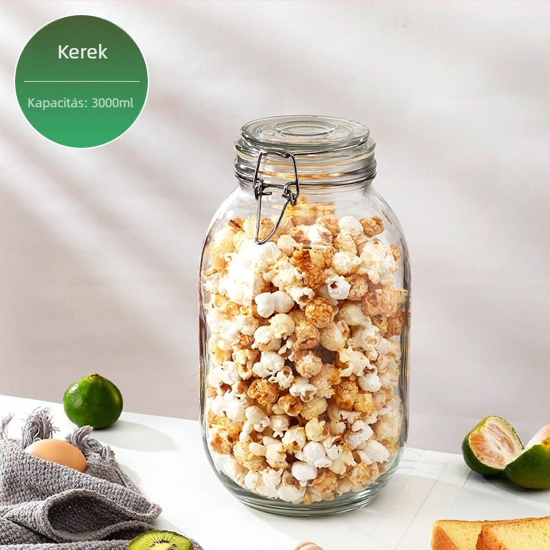 Üveges tárolóedény csattos fedővel, élelmiszer-minőségű, átlátszó, kerek, 800–1000 ml, nyomtatott logó