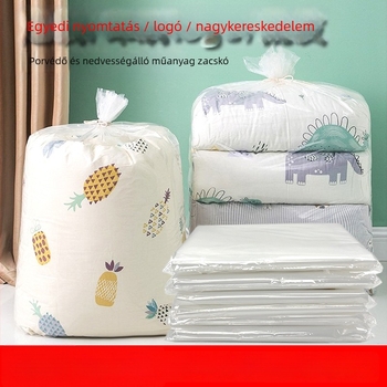 PE sík szájú műanyag zacskó ruhák és paplanok tárolására; vastagított, nagy kapacitású, por- és vízálló csomagoló zacskó; anyag: 100% új anyag; gyártási folyamat: blown film; ideális tárolásra, csomagolásra és költöztetésre.