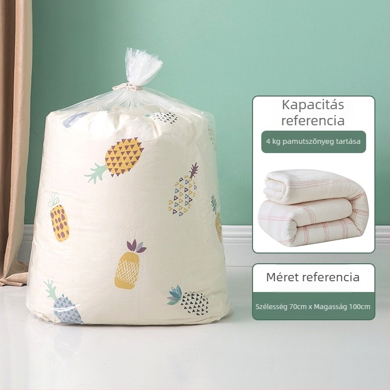 PE sík szájú műanyag zacskó ruhák és paplanok tárolására; vastagított, nagy kapacitású, por- és vízálló csomagoló zacskó; anyag: 100% új anyag; gyártási folyamat: blown film; ideális tárolásra, csomagolásra és költöztetésre.