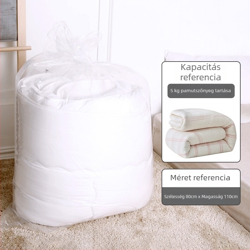 PE sík szájú műanyag zacskó ruhák és paplanok tárolására; vastagított, nagy kapacitású, por- és vízálló csomagoló zacskó; anyag: 100% új anyag; gyártási folyamat: blown film; ideális tárolásra, csomagolásra és költöztetésre.