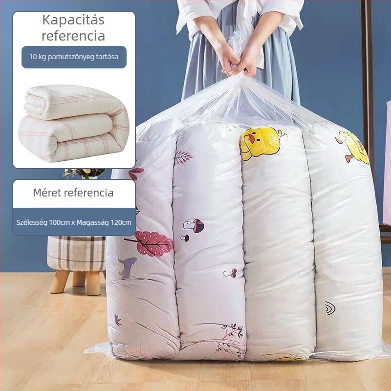 PE sík szájú műanyag zacskó ruhák és paplanok tárolására; vastagított, nagy kapacitású, por- és vízálló csomagoló zacskó; anyag: 100% új anyag; gyártási folyamat: blown film; ideális tárolásra, csomagolásra és költöztetésre.