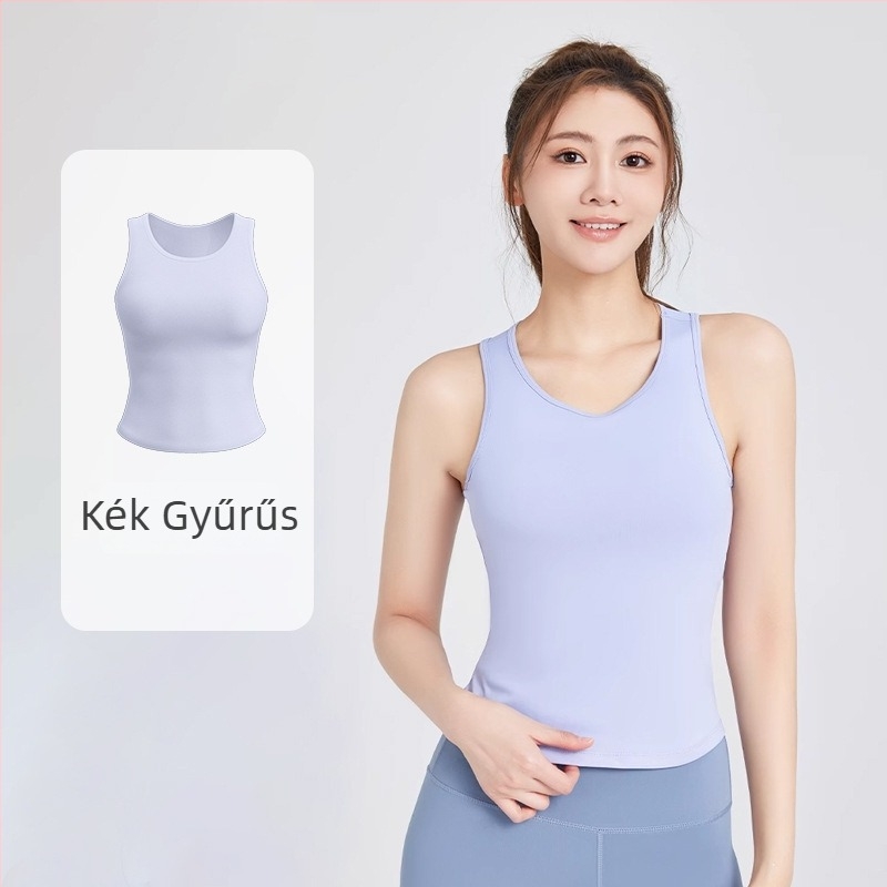 Női jóga felső beépített kosárakkal, kerek nyakú, magas rugalmasság, gyors száradás, poliészter-elasztán keverék