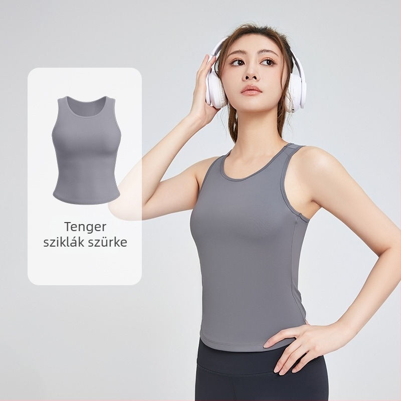 Női jóga felső beépített kosárakkal, kerek nyakú, magas rugalmasság, gyors száradás, poliészter-elasztán keverék