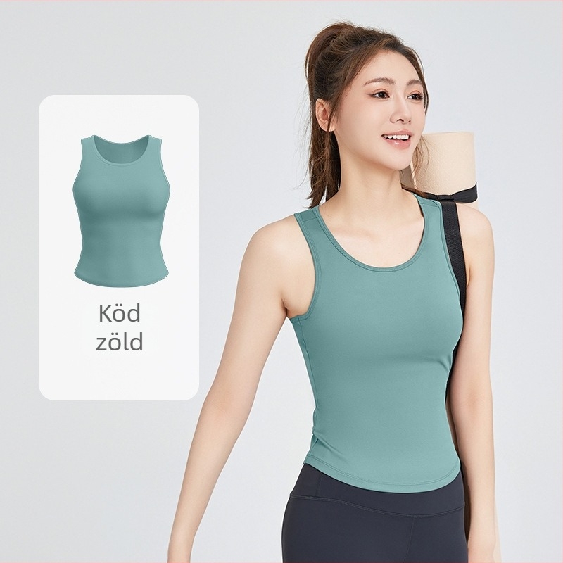 Női jóga felső beépített kosárakkal, kerek nyakú, magas rugalmasság, gyors száradás, poliészter-elasztán keverék