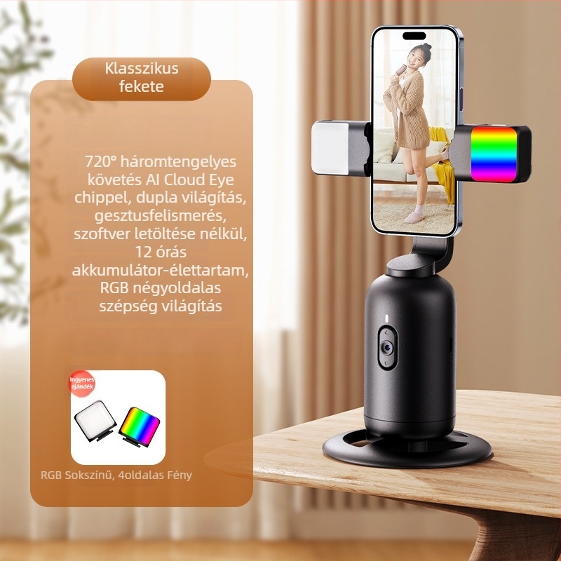 AI-nyomkövető gimbal arcfelismeréssel, 360° vízszintes forgás, asztali állvány, ABS anyag, súly 330 g