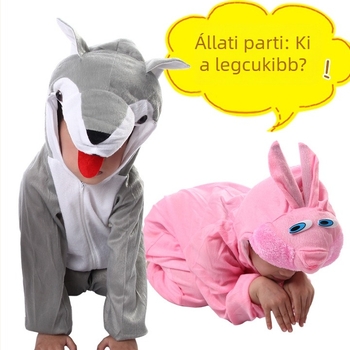 Gyermekek színpadi jelmezei állatokkal: csibe, nagy gonosz farkas, dinoszaurusz és tigris - rajzfilmszerű stílus, óvodának