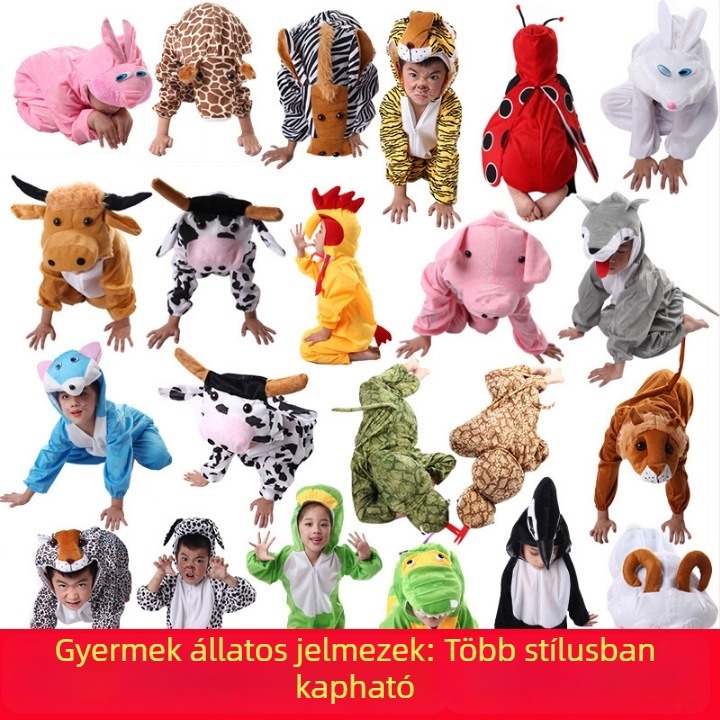 Gyermekek színpadi jelmezei állatokkal: csibe, nagy gonosz farkas, dinoszaurusz és tigris - rajzfilmszerű stílus, óvodának