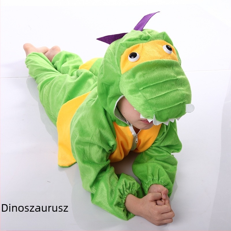 Gyermekek színpadi jelmezei állatokkal: csibe, nagy gonosz farkas, dinoszaurusz és tigris - rajzfilmszerű stílus, óvodának