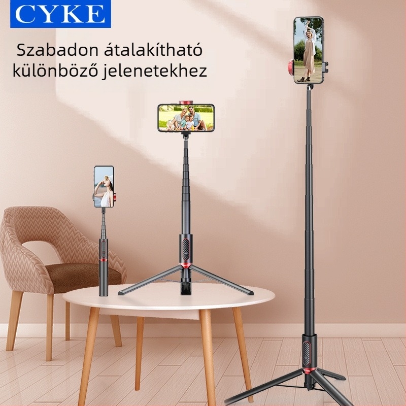 Cyke Bluetooth selfie-tripod, kinyúló, kompakt padló- és asztali telefontartó NCC (Anyag: alumíniumötvözet + ABS + PC; Bluetooth: Igen; Távirányító: Benne; Testreszabás: Támogatott)