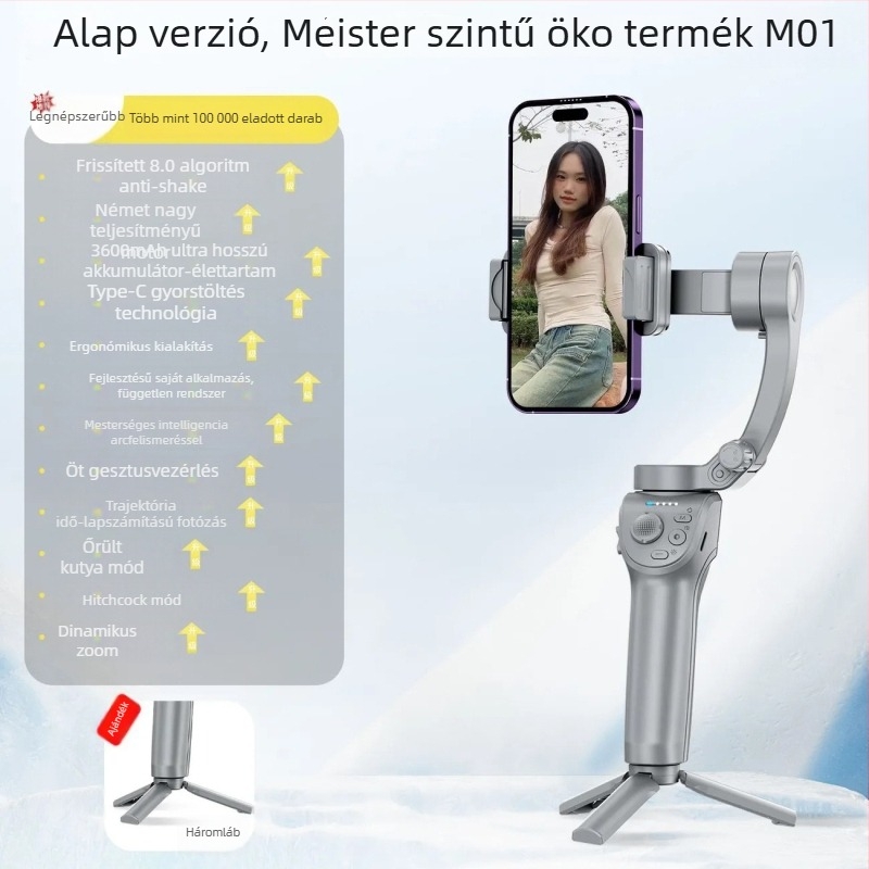 Kézben tartott háromtengelyes okostelefon-stabilizátor arc követéssel, Bluetooth, távirányító, modell M01