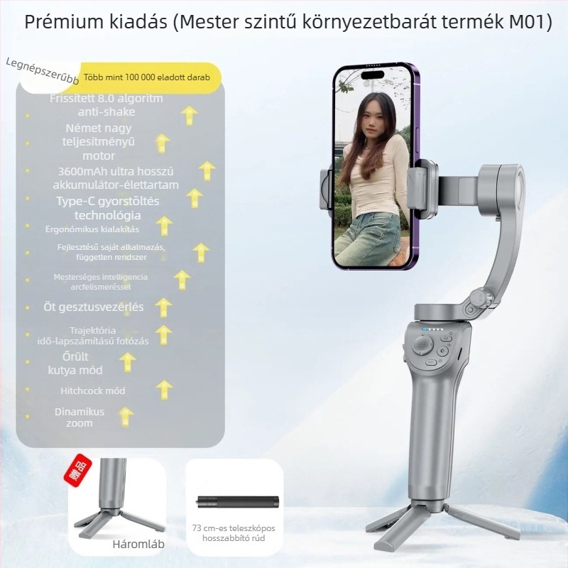 Kézben tartott háromtengelyes okostelefon-stabilizátor arc követéssel, Bluetooth, távirányító, modell M01