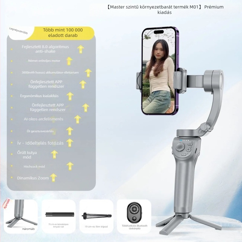 Kézben tartott háromtengelyes okostelefon-stabilizátor arc követéssel, Bluetooth, távirányító, modell M01